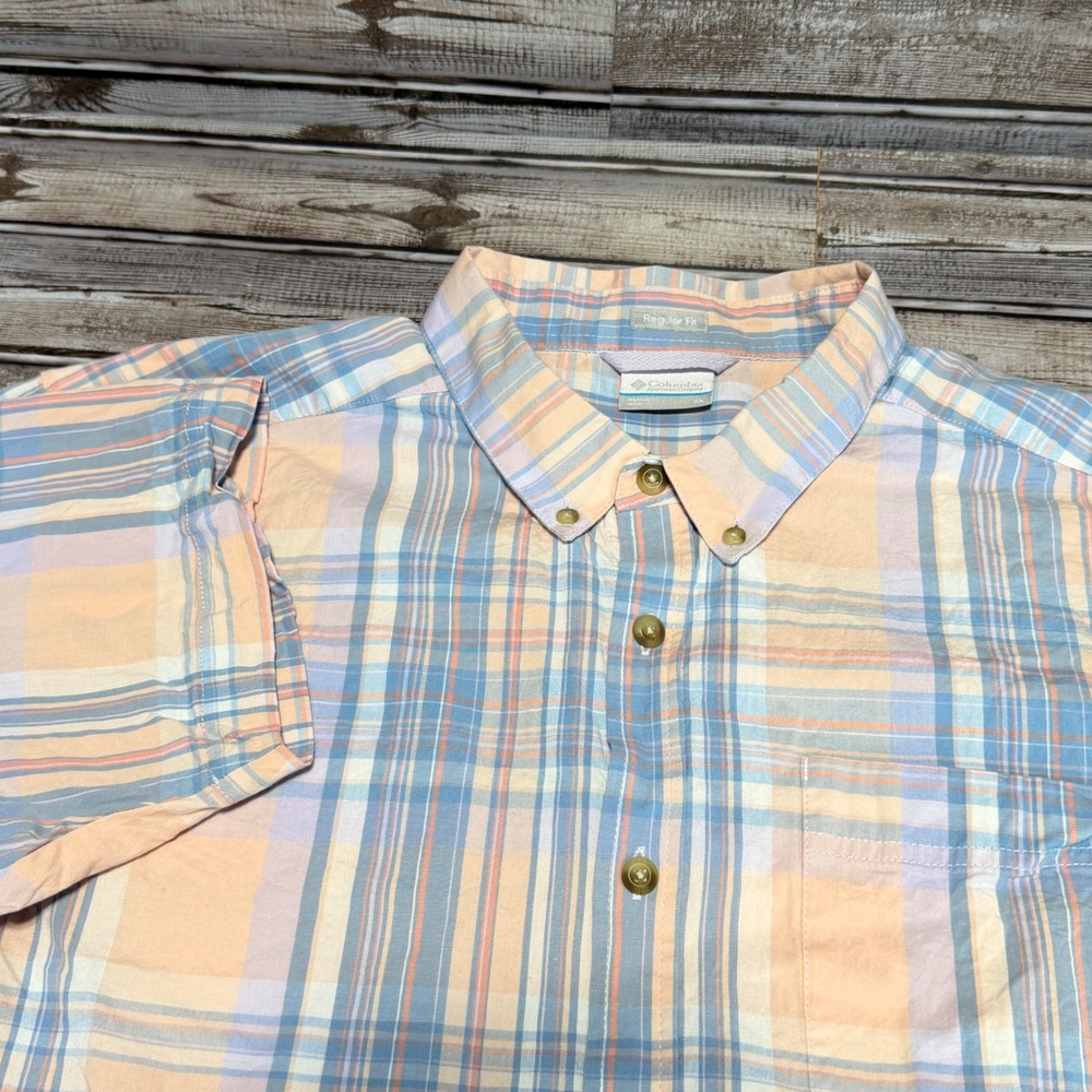 Columbia Button Down Shirt Mens XL Orange Blue Plaid Regular Fit Short Sleeve